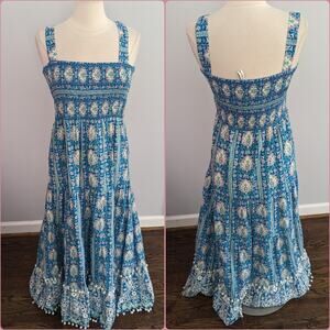 Womens Zara Printed Blue Patterned Maxi Dress Large Smocked Lace Bohemian